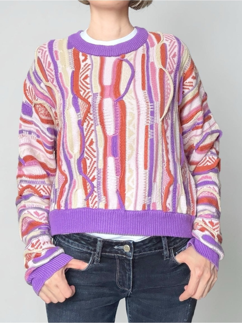 Forever 21 Purple Multicolor Coogi Style Textured Crewneck Sweater 90s Revival L